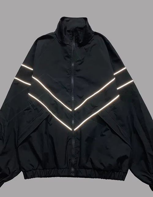 Load image into Gallery viewer, Men Hip Hop Streetwear Reflective Striped Jacket Coat Zipper up Jacket Windbreaker Harajuku Thin Jacket Sports Black Blue
