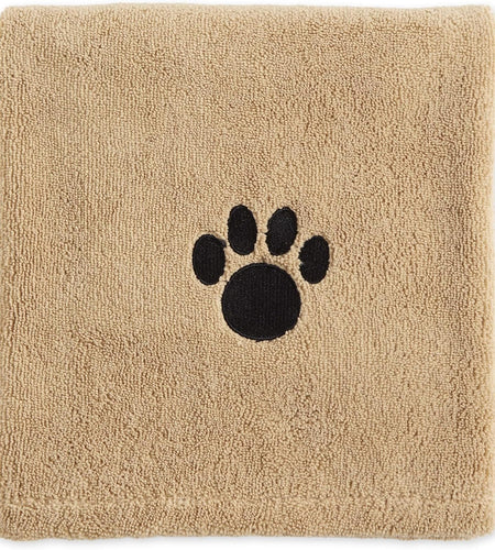 Pet Drying Collection Embroidered Terry Microfiber, Towel X-Large, 41X23.5", Taupe with Black Paw Print